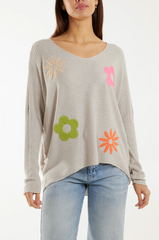 Ribbed Wool Blend Floral Jumper