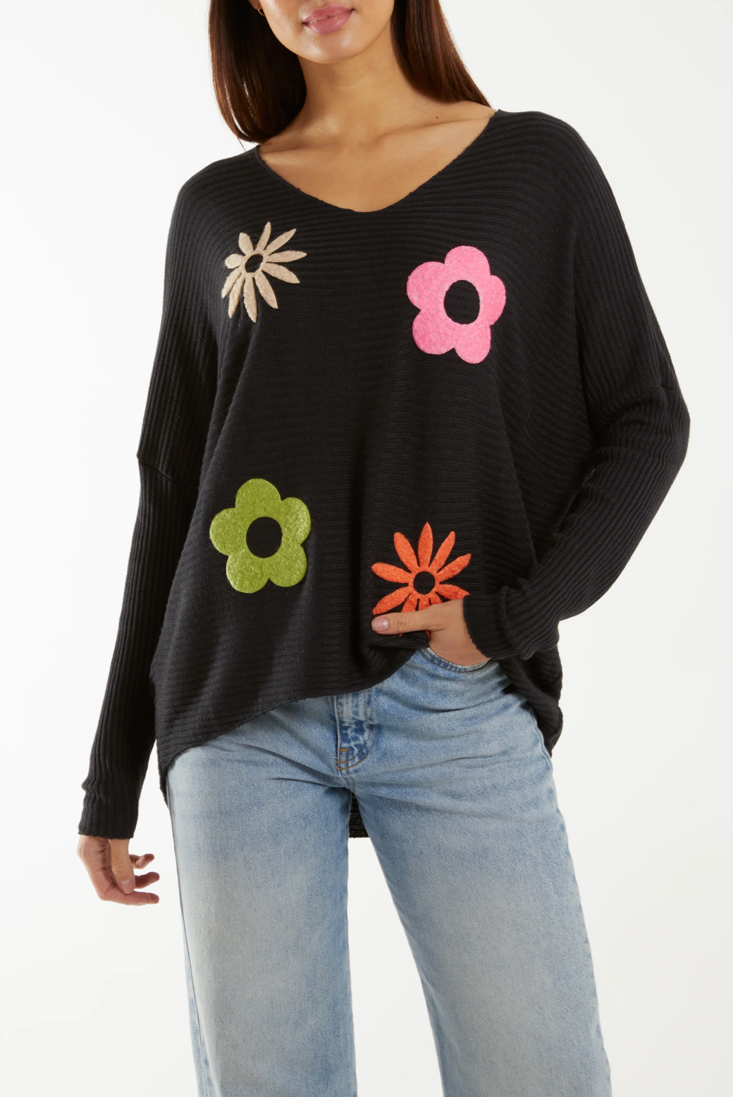 Ribbed Wool Blend Floral Jumper