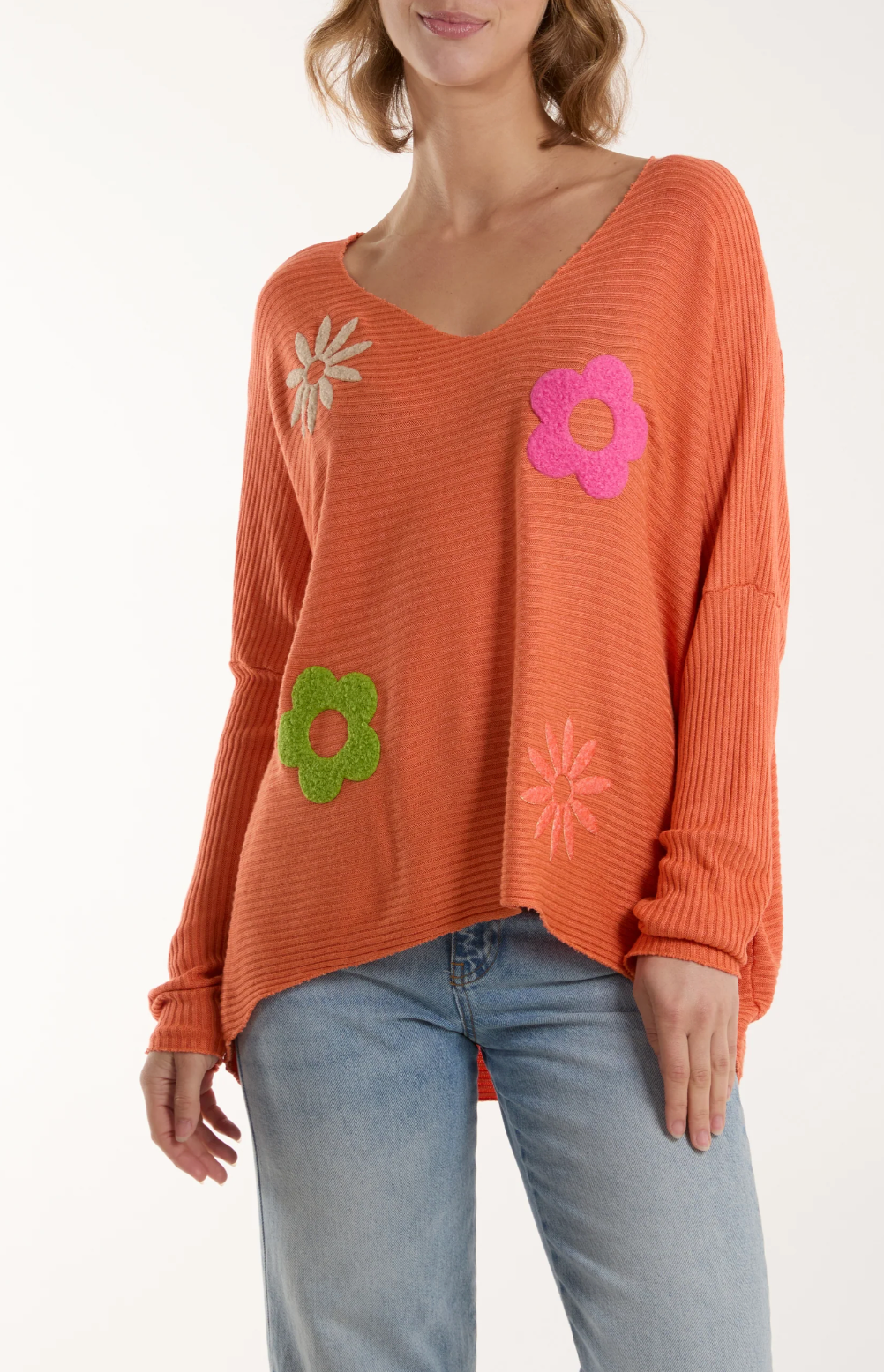 Ribbed Wool Blend Floral Jumper