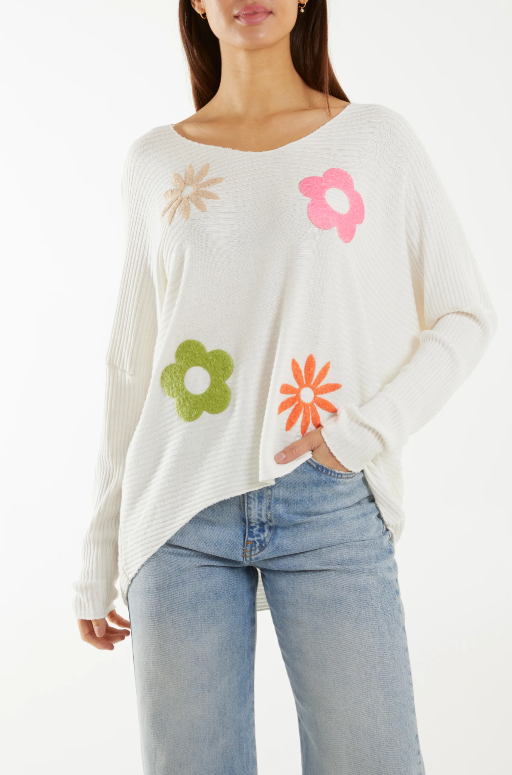 Ribbed Wool Blend Floral Jumper