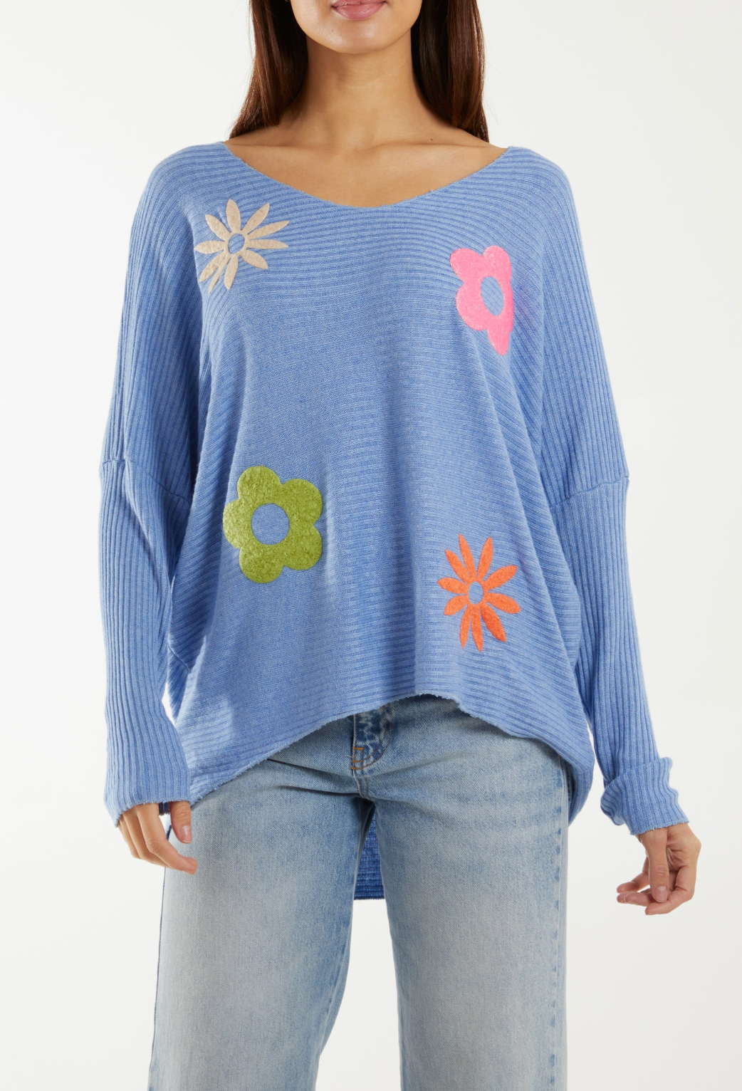 Ribbed Wool Blend Floral Jumper