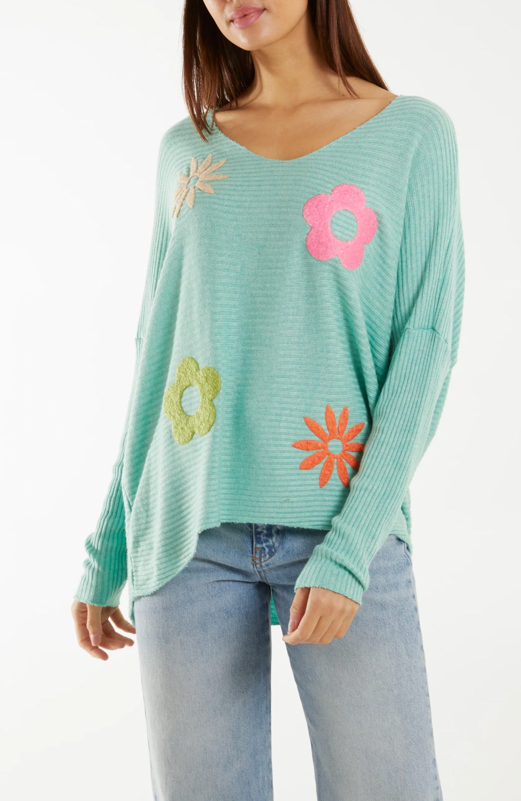 Ribbed Wool Blend Floral Jumper