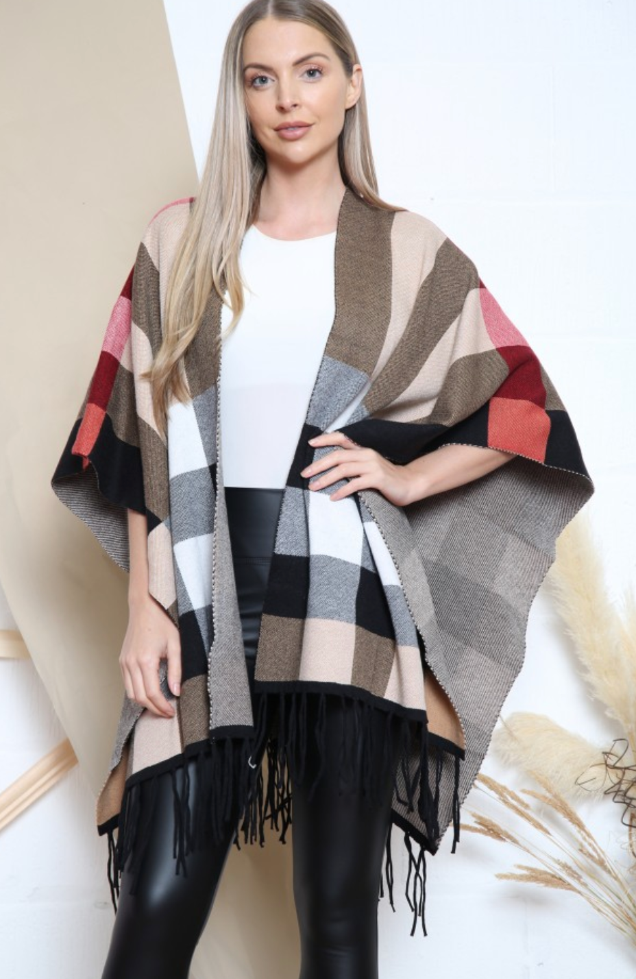 Checkered Pattern Tassel Trim Ponchos