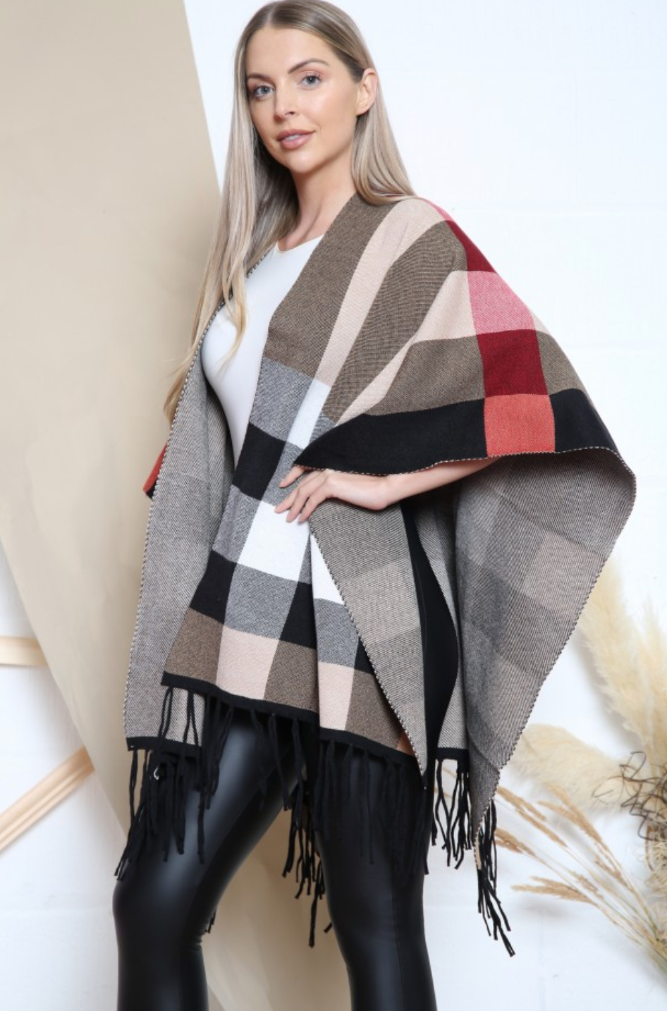 Checkered Pattern Tassel Trim Ponchos