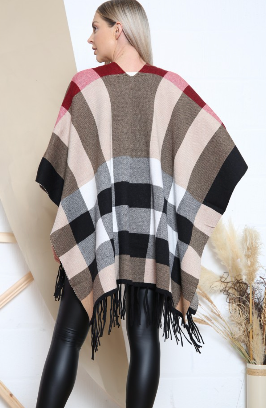 Checkered Pattern Tassel Trim Ponchos