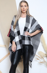 Checkered Pattern Tassel Trim Ponchos