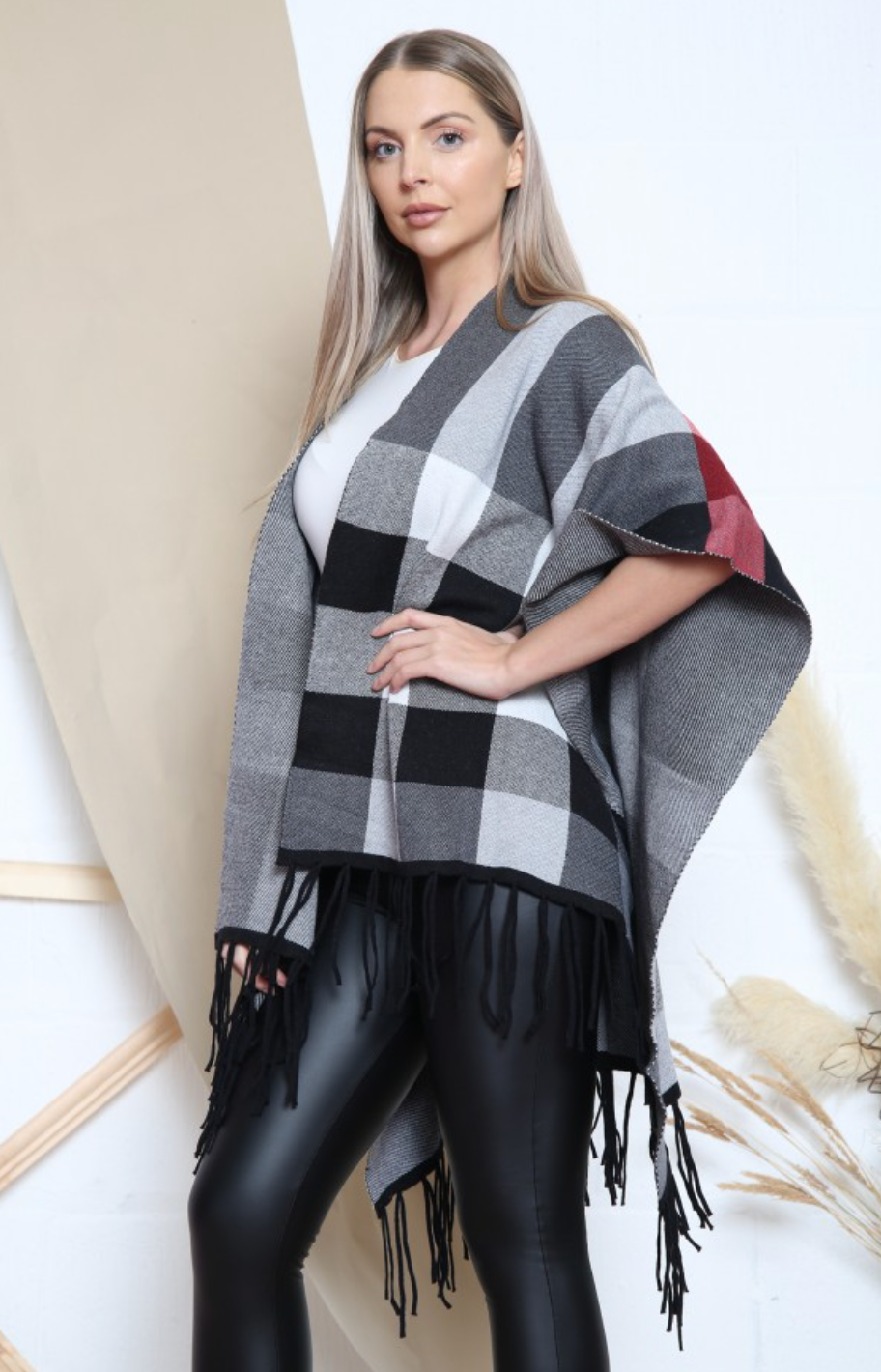 Checkered Pattern Tassel Trim Ponchos