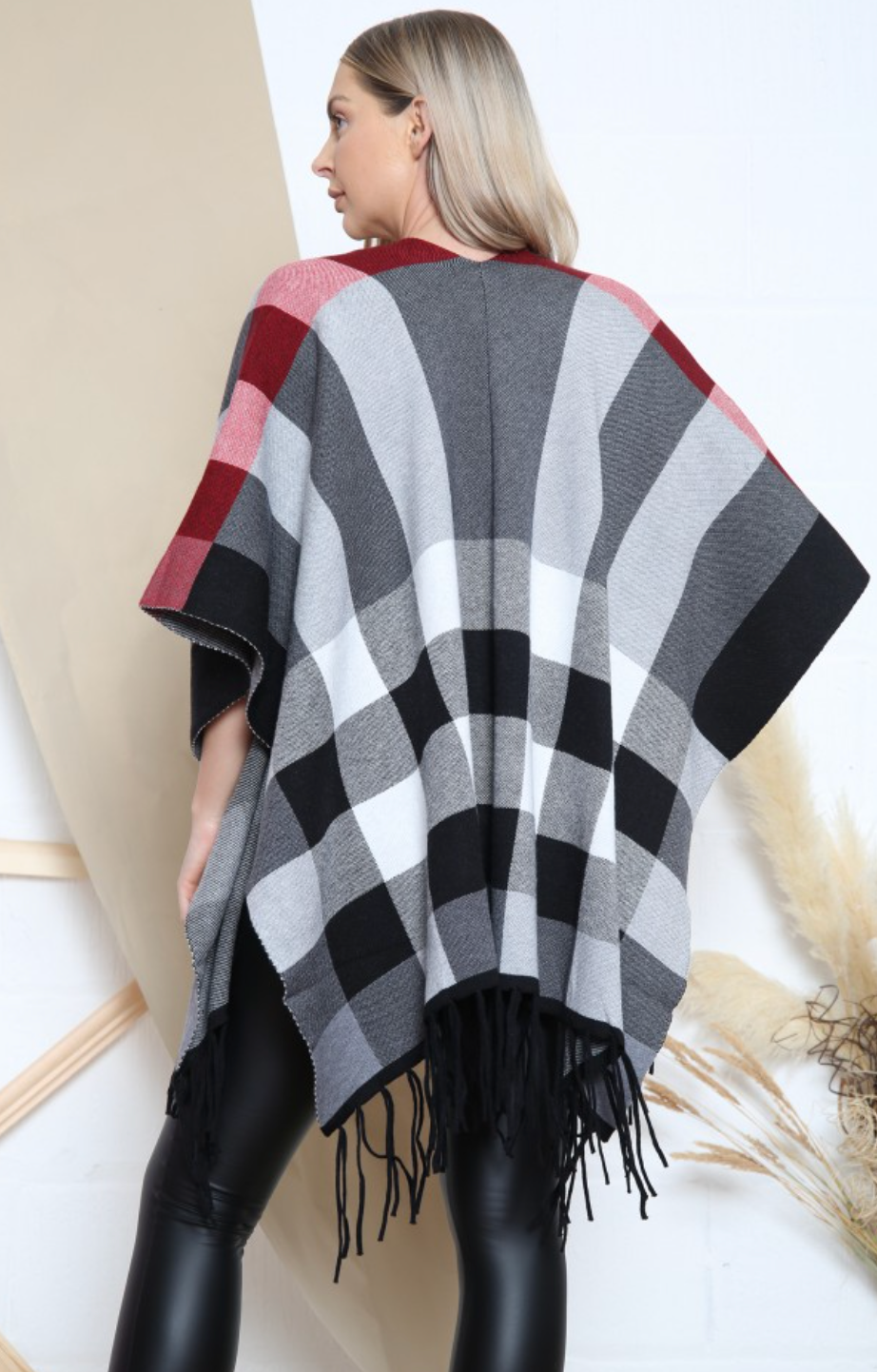 Checkered Pattern Tassel Trim Ponchos